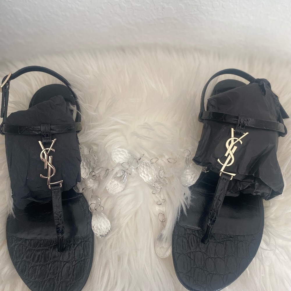 Saint Laurent Casandra Sandal Crocodile Embossed Leather & Silver Tone Monogram